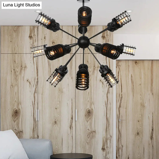 Vintage Black Chandelier Light: Starburst Metal With 9/12/15 Heads & Cylinder Frame Shade For