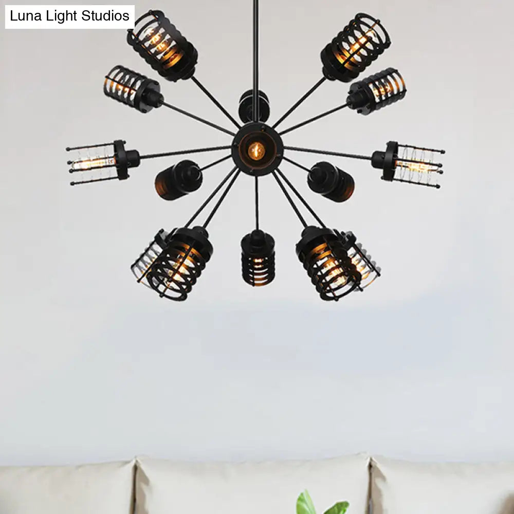 Vintage Black Chandelier Light: Starburst Metal With 9/12/15 Heads & Cylinder Frame Shade For