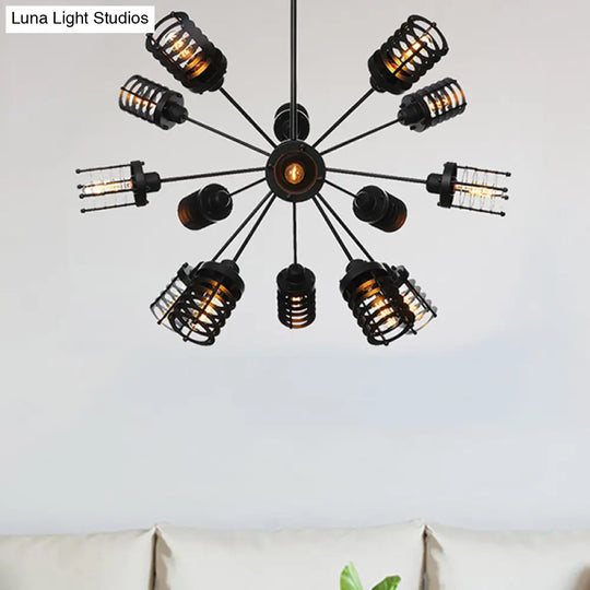 Vintage Black Chandelier Light: Starburst Metal With 9/12/15 Heads & Cylinder Frame Shade For