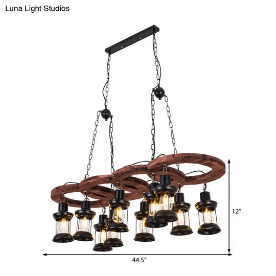Vintage Black Chandelier Pendant Lamp With Clear Glass Lantern And Wooden Shelf - 10 Lights