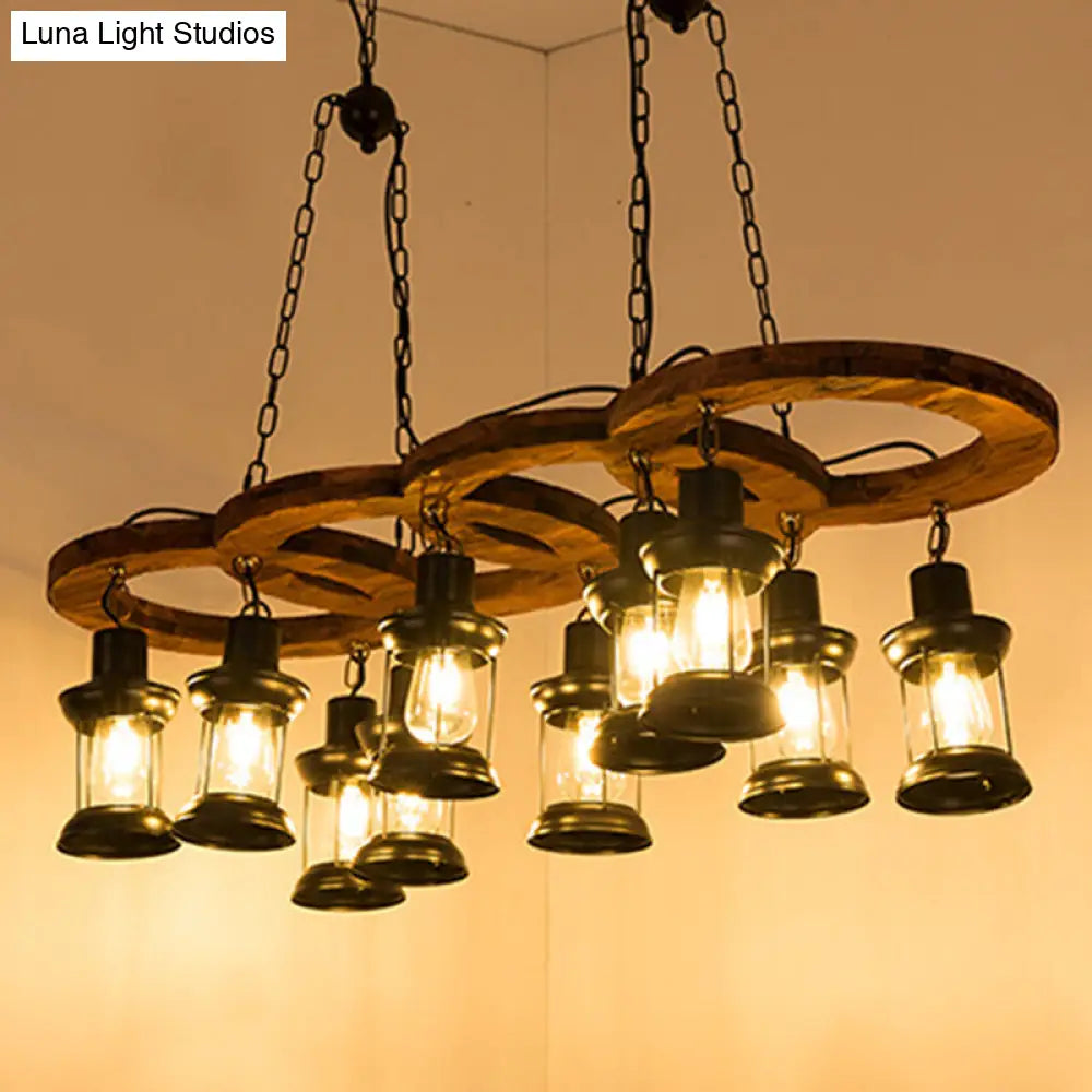 Vintage Black Lantern Chandelier Pendant Lamp - 10 Light Fixture With Clear Glass And Wooden Shelf