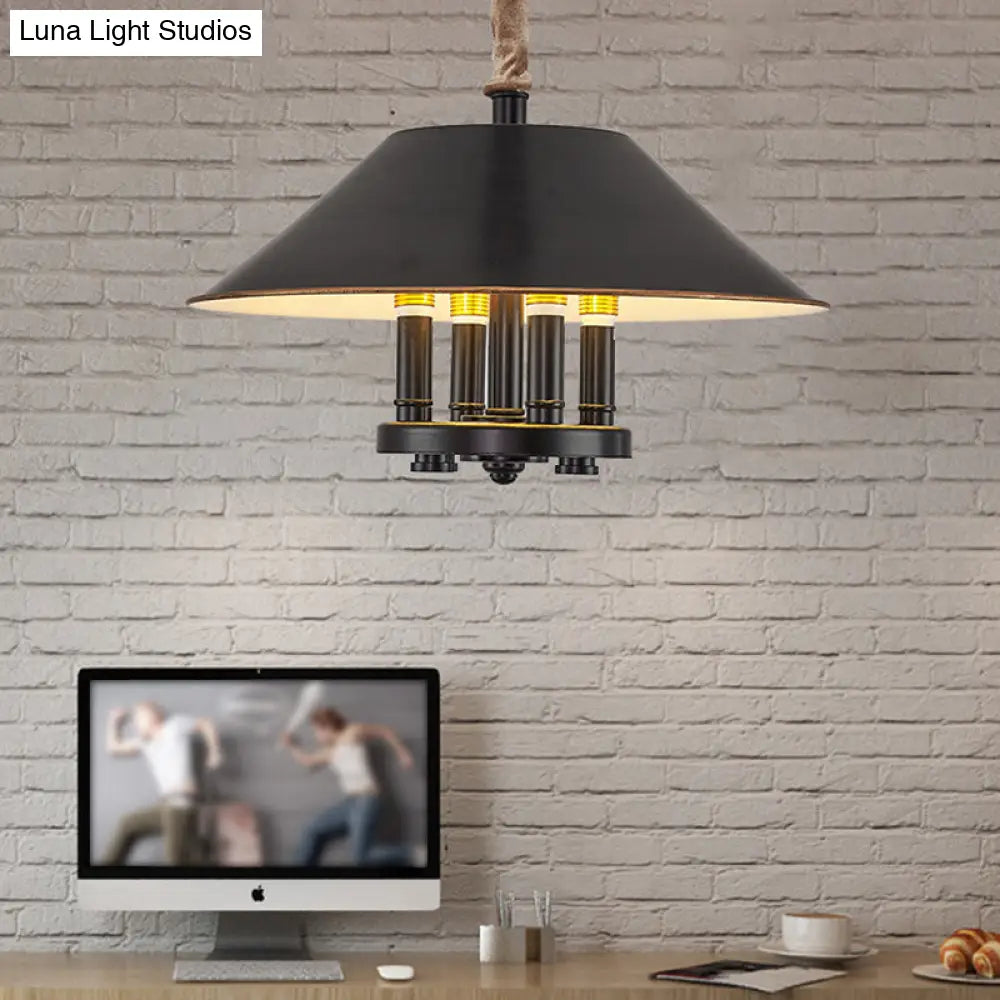 Vintage Black Cone Shade Chandelier With 4 Lights - Metal Pendant Lamp For Dining Room