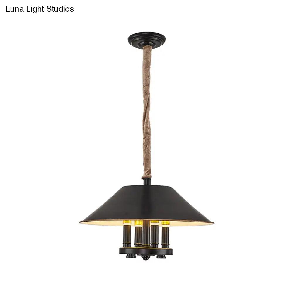 Vintage Black Cone Shade Chandelier With 4 Lights - Metal Pendant Lamp For Dining Room