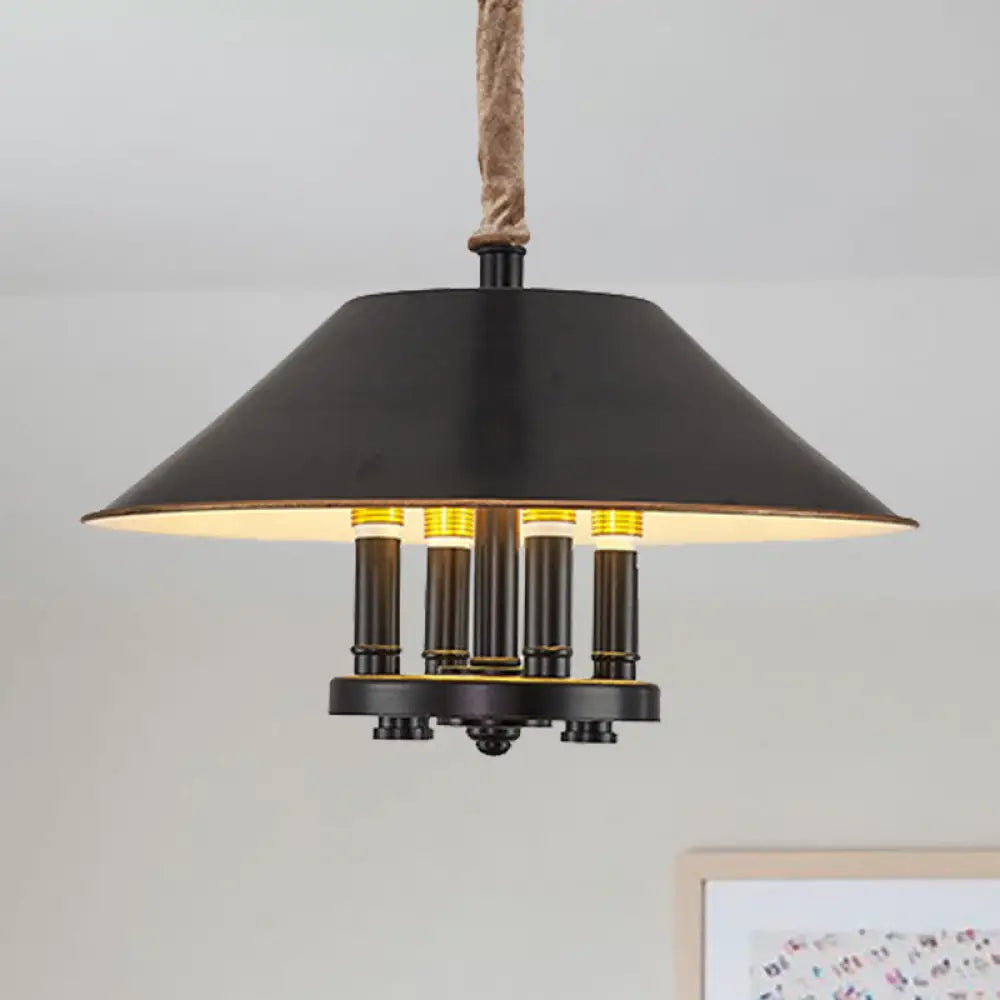 Vintage Black Cone Shade Chandelier With 4 Lights - Metal Pendant Lamp For Dining Room