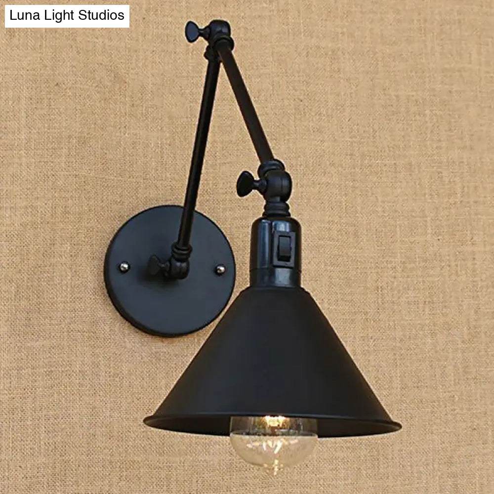 Vintage Black Cone Wall Lamp Kit With Swing Arm & On/Off Button For Bedroom - Iron 1/2-Head Mount
