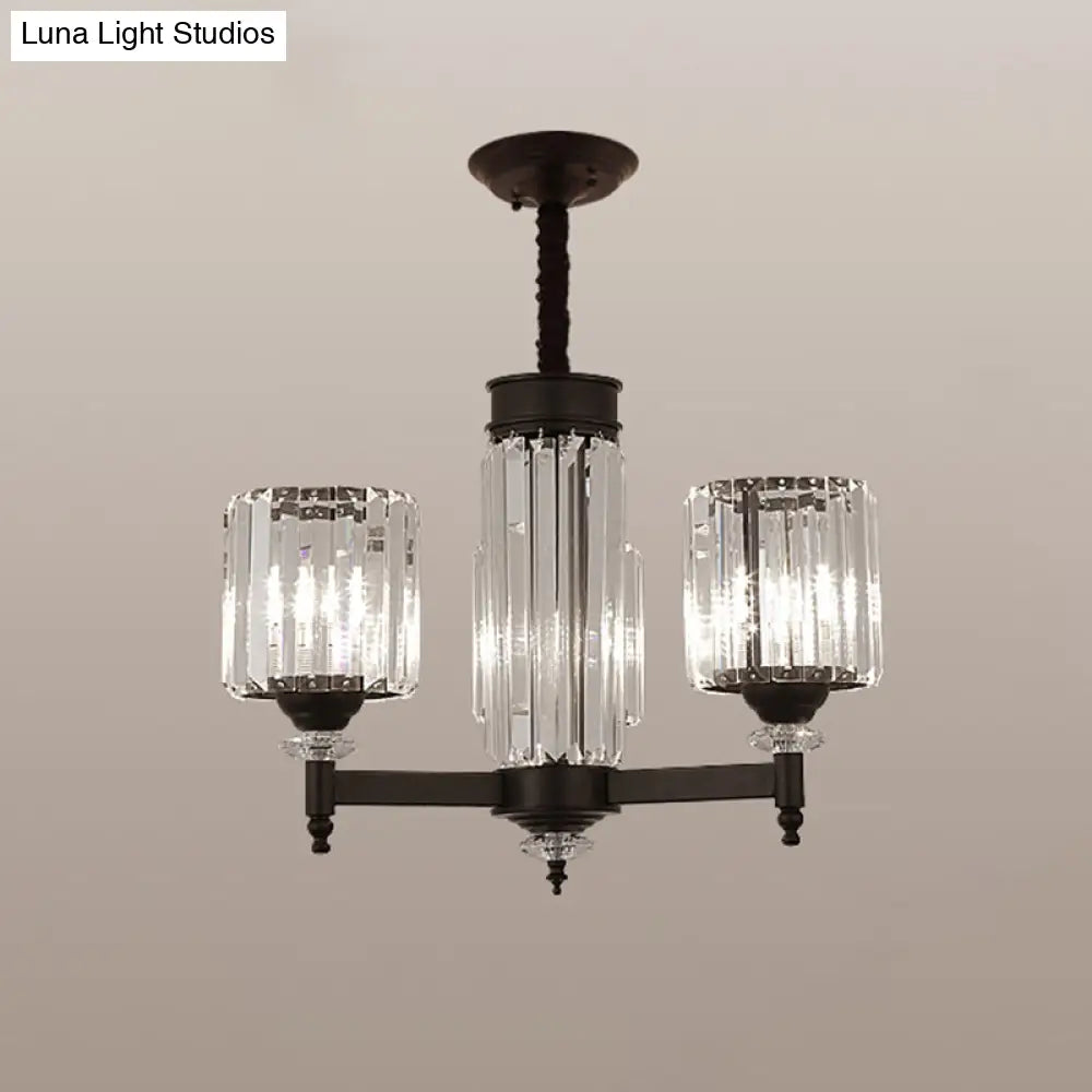 Vintage Black Crystal Chandelier - Elegant Rectangular-Cut Cylinder Pendant Light 3 /