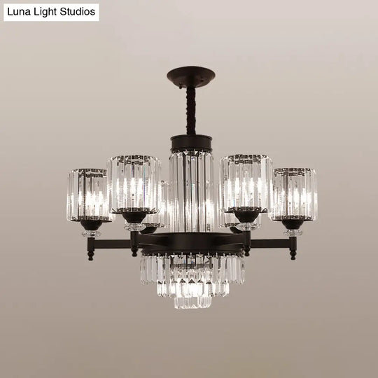 Vintage Black Crystal Chandelier - Elegant Rectangular-Cut Cylinder Pendant Light 7 /