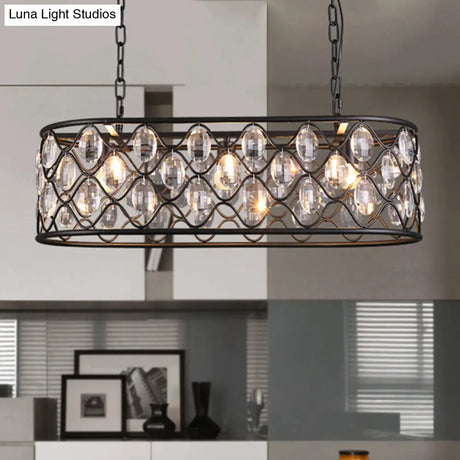 Vintage Black Crystal Drip Oval Hanging Light - 3 Heads Island For Dining Room