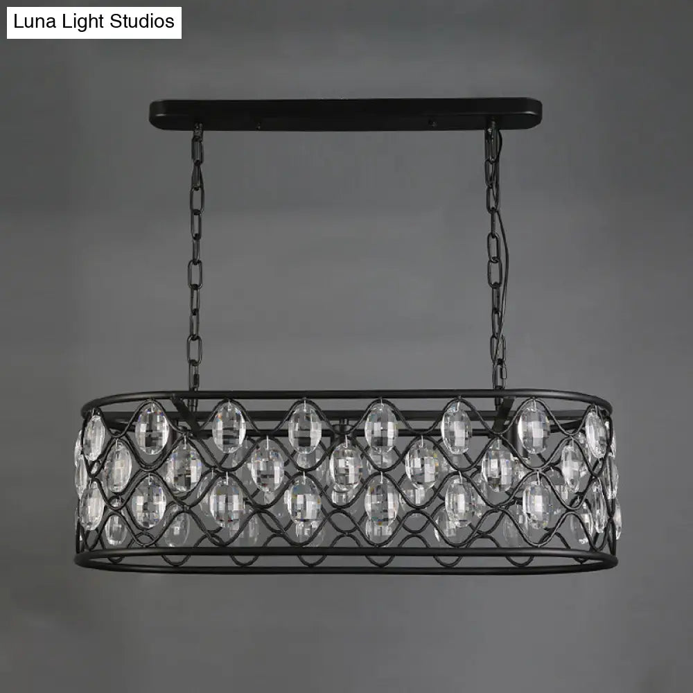 Vintage Black Crystal Drip Oval Hanging Light - 3 Heads Island For Dining Room