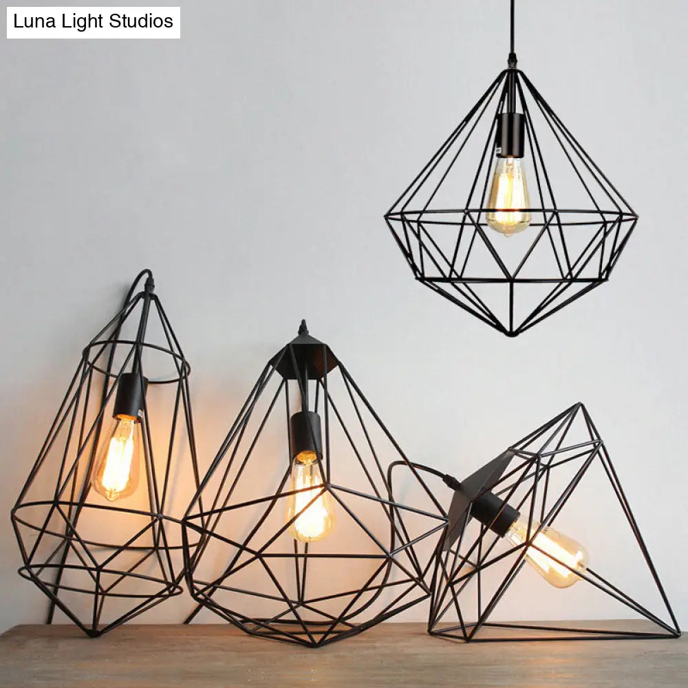 Vintage Black Diamond Cage Iron Hanging Lamp - Single-Bulb Dining Room Pendant Light