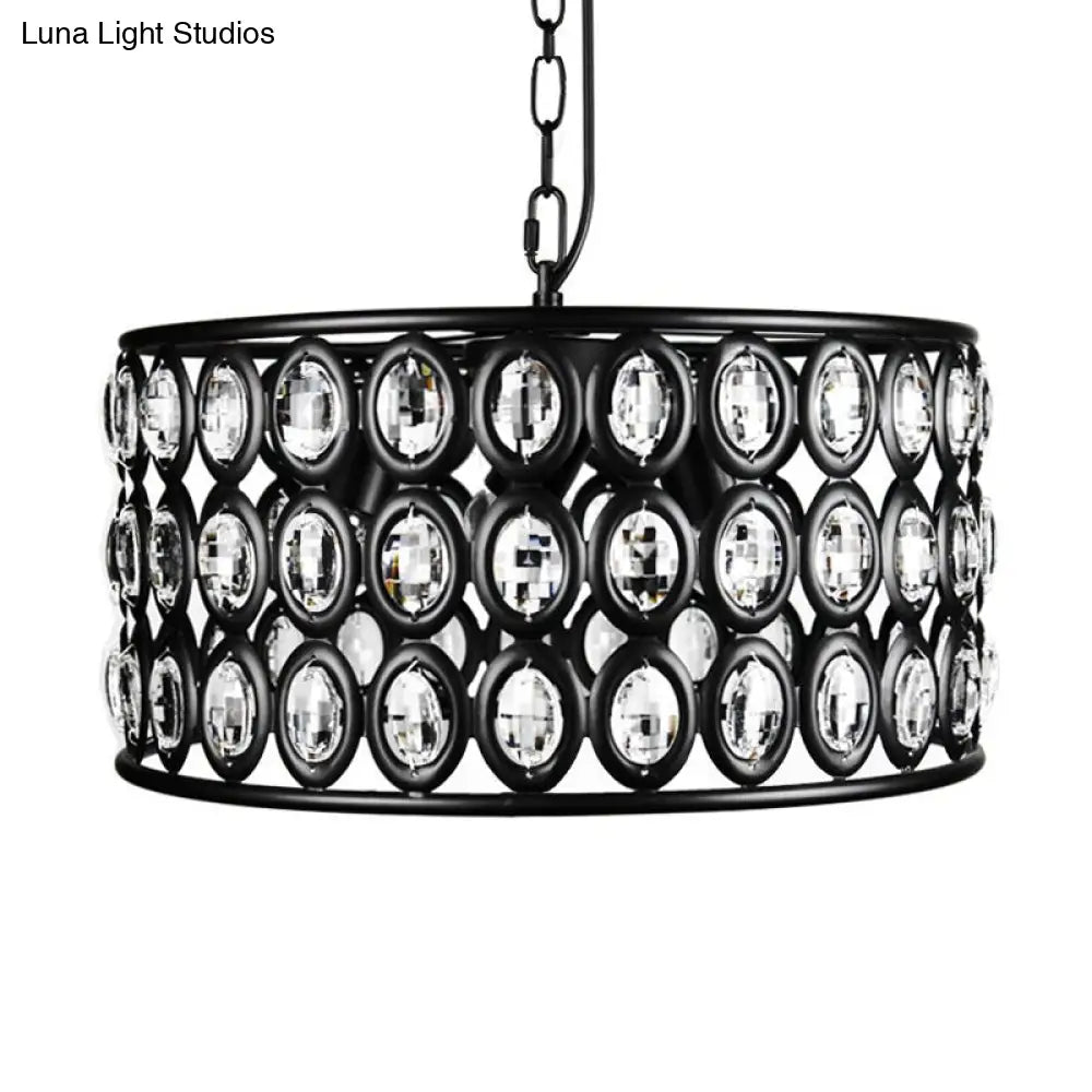 Vintage Black Drum Ceiling Lamp: Metal And Crystal Chandelier With 3 Lights For Living Room