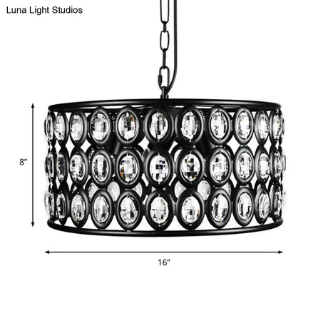 Vintage Black Drum Ceiling Lamp: Metal And Crystal Chandelier With 3 Lights For Living Room