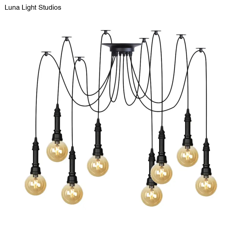 Vintage Black Finish Amber Glass Chandelier - Multi Light Pendant Lamp For Global Restaurants
