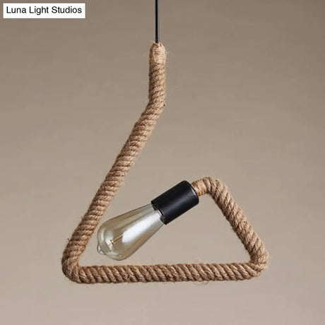 Vintage Black Finish Hemp Rope Suspension Lamp With Unique Triangle/Round Frame Design - 1 Light