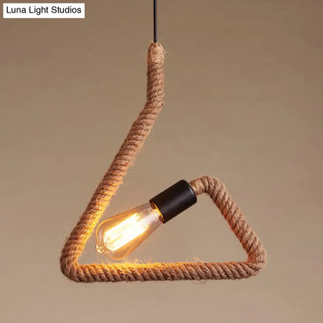 Vintage Black Finish Hemp Rope Suspension Lamp With Unique Triangle/Round Frame Design - 1 Light