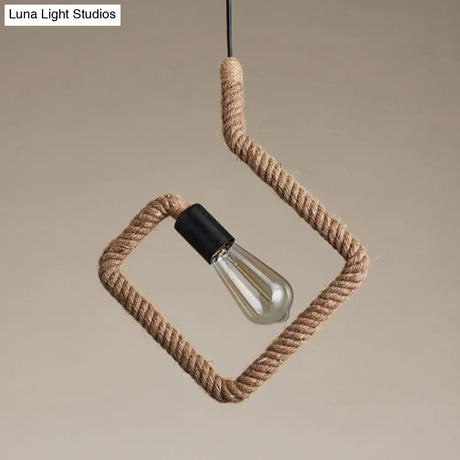 Vintage Black Finish Hemp Rope Suspension Lamp With Unique Triangle/Round Frame Design - 1 Light