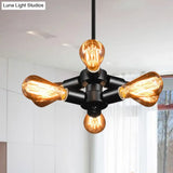 Vintage Black Finish Metal Bare Bulb Chandelier With Hanging Rod - 3/4/5 Lights For Bar