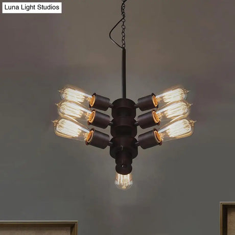 Vintage Black Finish Metal Bare Bulb Chandelier With Hanging Rod - 3/4/5 Lights For Bar