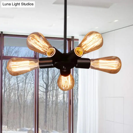 Vintage Black Finish Metal Bare Bulb Chandelier With Hanging Rod - 3/4/5 Lights For Bar