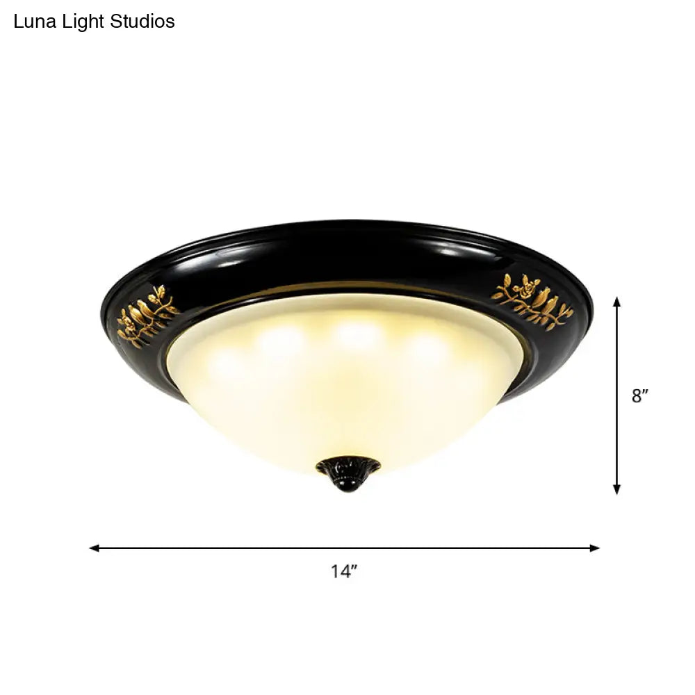 Vintage Black Flush Ceiling Light With Opal Glass Shade For Traditional Living Rooms