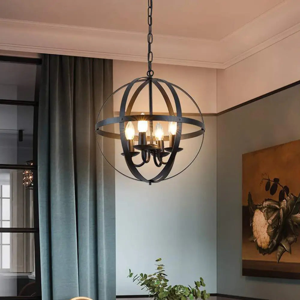 Vintage Black Globe Metal Chandelier - 4 Bulb Pendant Lighting For Dining Room Ceiling