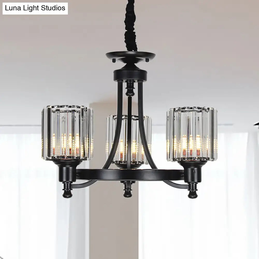 Vintage Black/Gold Chandelier Lamp - Stylish Crystal & Metal 3/6 Head Hanging Lighting With Cylinder