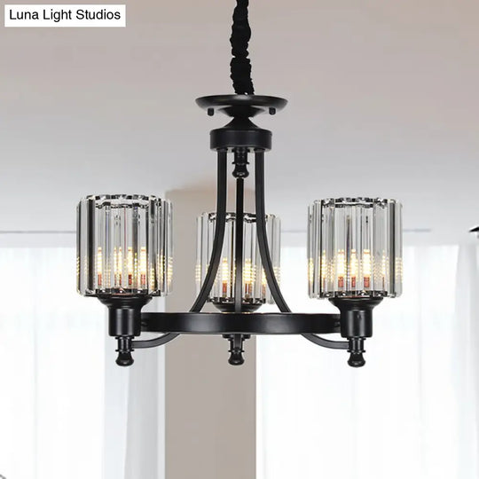 Vintage Black/Gold Chandelier Lamp - Stylish Crystal & Metal 3/6 Head Hanging Lighting With Cylinder