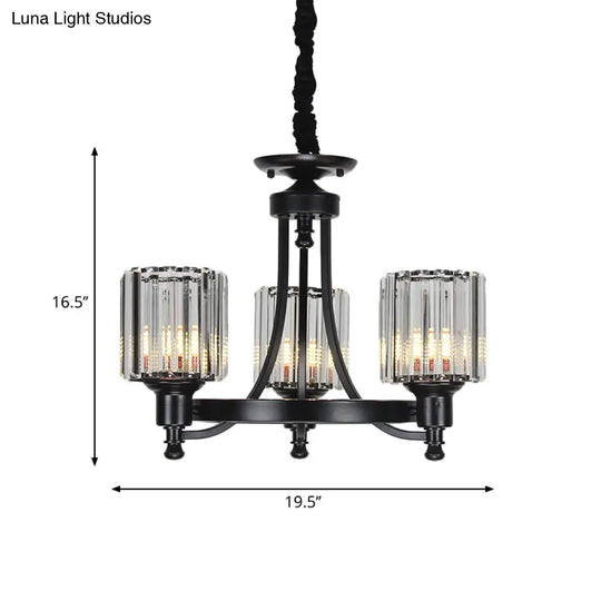 Vintage Black/Gold Chandelier Lamp - Stylish Crystal & Metal 3/6 Head Hanging Lighting With Cylinder