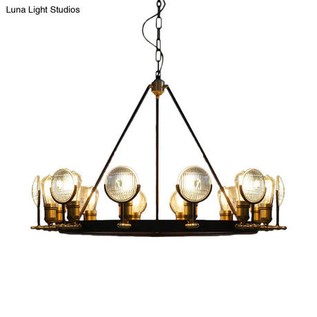 Vintage Black Grid Glass Lens Chandelier Lamp - 6/9/12 Lights Hanging Light Kit For Restaurants