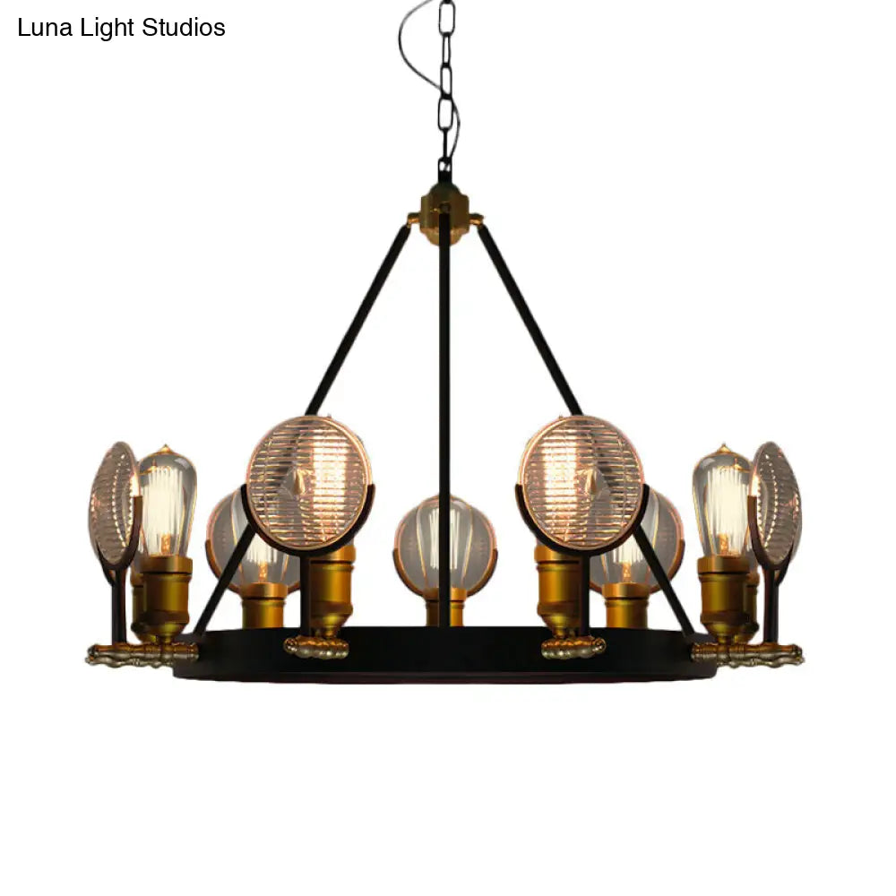 Vintage Grid Glass Lens Chandelier Lamp - Black Restaurant Hanging Light Kit 6/9/12 Lights