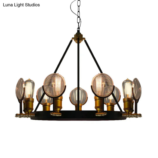 Vintage Grid Glass Lens Chandelier Lamp - Black Restaurant Hanging Light Kit 6/9/12 Lights