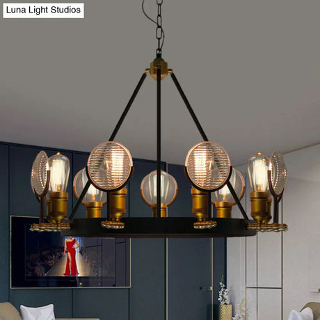 Vintage Black Grid Glass Lens Chandelier Lamp - 6/9/12 Lights Hanging Light Kit For Restaurants