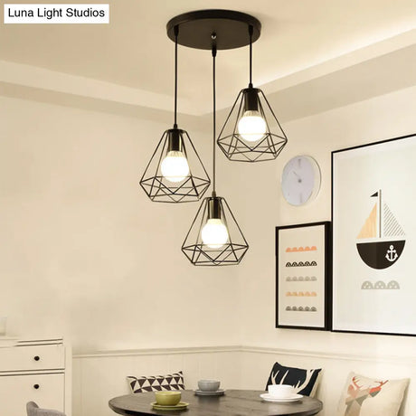 Vintage Black Iron Diamond Ceiling Lamp For Dining Room Single-Bulb Hanging Light