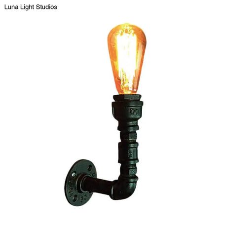 Vintage Black Iron Pipe Lamp: Corner Wall Mount Bare Bulb Light Fixture