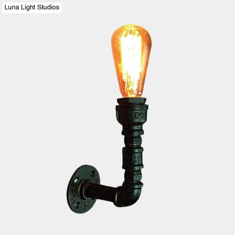 Vintage Black Iron Pipe Lamp: Corner Wall Mount Bare Bulb Light Fixture