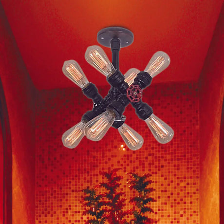 Vintage Black Iron Semi Flush Mount Light With 8 - Bulb Crossing Pipe Design - Ideal For Bedroom