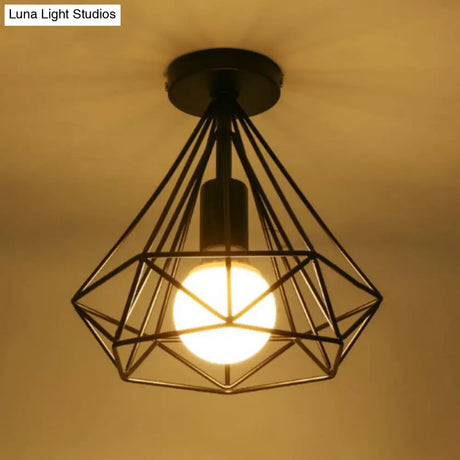 Vintage Black Iron Wire Diamond Ceiling Flush Light With 1 - Light Passageway Mount