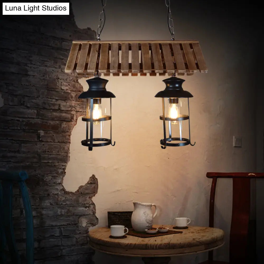 Vintage Black Island Lamp With Clear Glass Pendant | 2-Light Antique Cylinder Lighting For Living