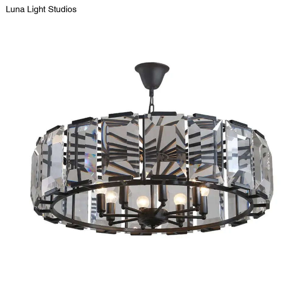 Metal Drum Shade Ceiling Chandelier With Crystal Block: Vintage 5/8 Heads Hanging Lamp (18/25.5