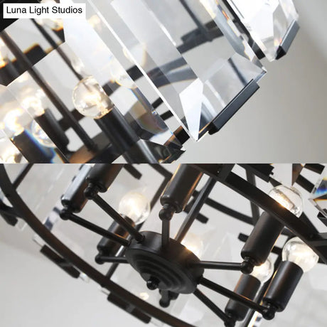 Vintage Black Metal Drum Shade Chandelier With Crystal Block - 18’ Diameter 5/8 Heads Hanging Lamp