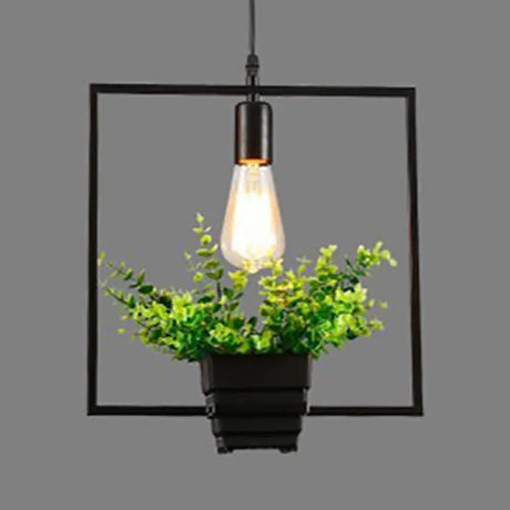 Vintage Black Metal Pendant Light With Planter And Frame For Kitchen / Square
