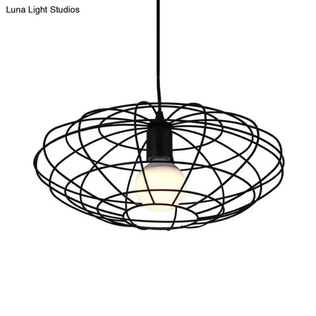 Vintage Black Oval Cage Pendant Light - Metal 1-Light Ceiling Fixture For Living Room