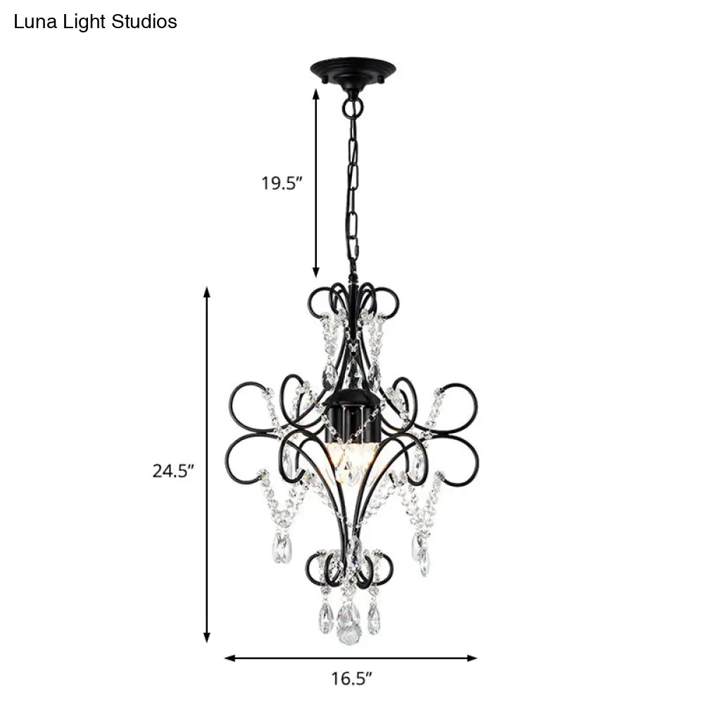 Vintage Black Pendant Light With Crystal Accents - Curve Arm Iron Suspension 3 Lights