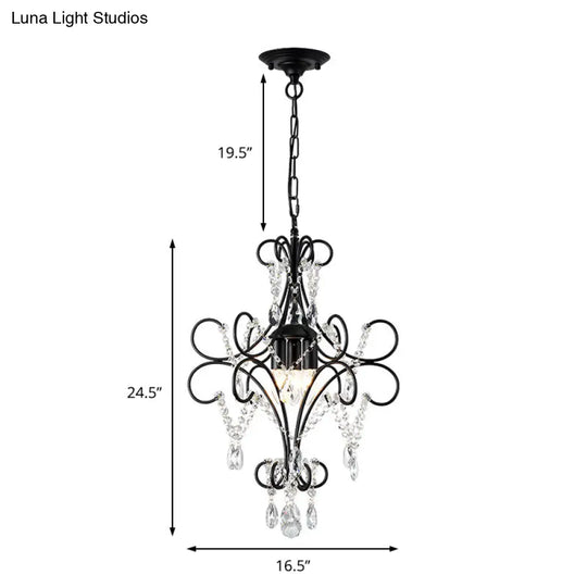 Vintage Black Pendant Light With Crystal Accents - Curve Arm Iron Suspension 3 Lights