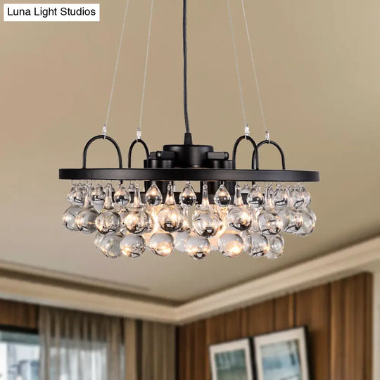 Vintage Black Round Metal Chandelier: Hanging Light Fixture With Waterdrop Crystal Drops - 4 Lights