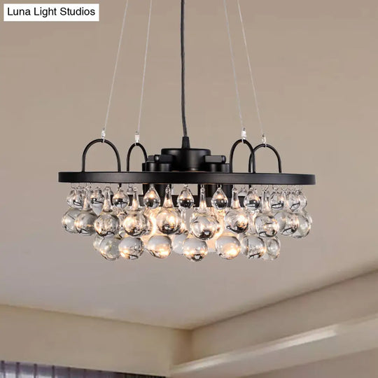Vintage Black Round Metal Chandelier: Hanging Light Fixture With Waterdrop Crystal Drops - 4 Lights