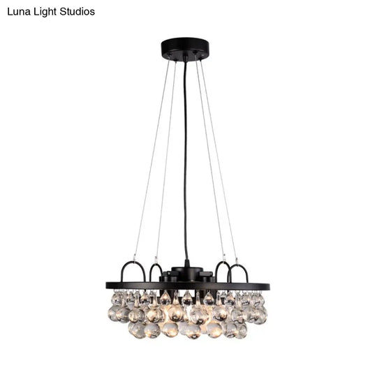 Vintage Black Round Metal Chandelier: Hanging Light Fixture With Waterdrop Crystal Drops - 4 Lights
