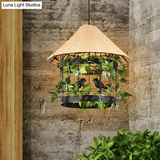 Vintage Black/Rust Finish House Pendant Ceiling Light With Rope Hanging And Flower/Vine Deco -