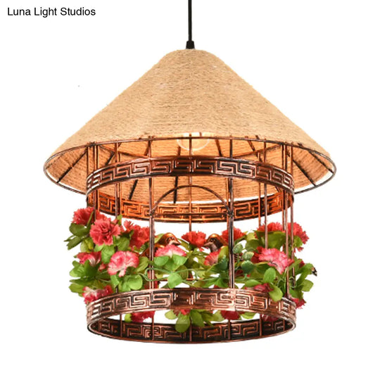 Vintage Black/Rust Finish House Pendant Ceiling Light With Rope Hanging And Flower/Vine Deco -