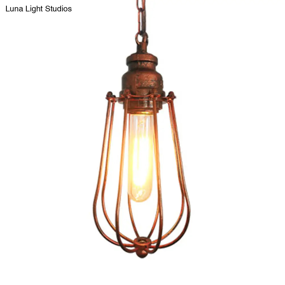 Vintage Black/Rust Pendant Ceiling Lamp With Caged Metal Shade - 1 Light Bedroom Fixture